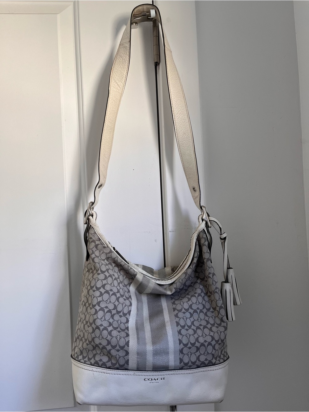 Coach Gray and White Signature Stripe Hobo